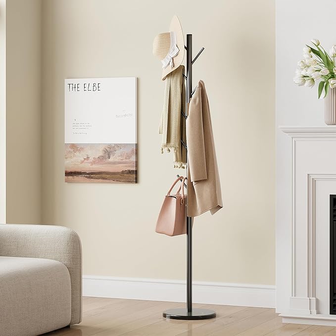 ELYKEN Coat Rack Freestanding with Natural Marble Base, Metal Coat Rack Stand with 10 Hooks, 3 Adjustable Size Coat Tree for Bags, Clothes, and Hats for Entryway, Bedroom, Hallway, Office, Black