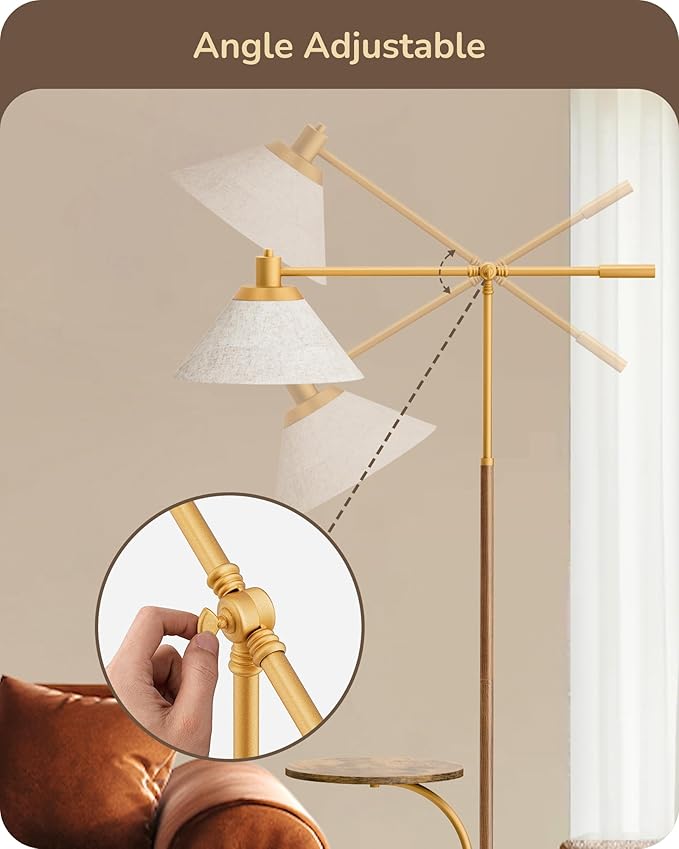 EDISHINE 68" Arc Floor Lamp with Table, Vintage Standing Lamp for Living Room with Tray, Tall Reading Lamp, Beige Shade, Adjustable Arm, Remote Dimmable Bulb Included, for Bedroom Office, Wood Grain