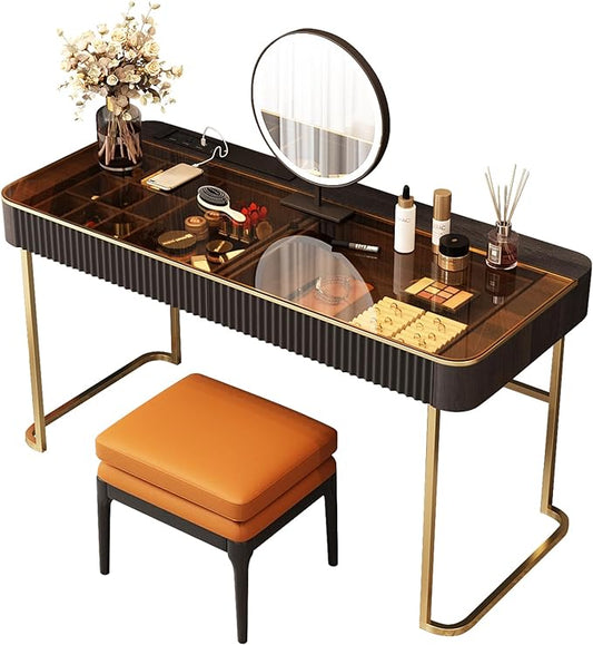 Lartis Makeup Vanity,Dresser Stool Set,Dresser,Computer Desk,partitioned Storage,Smart Socket,LED Makeup Mirror