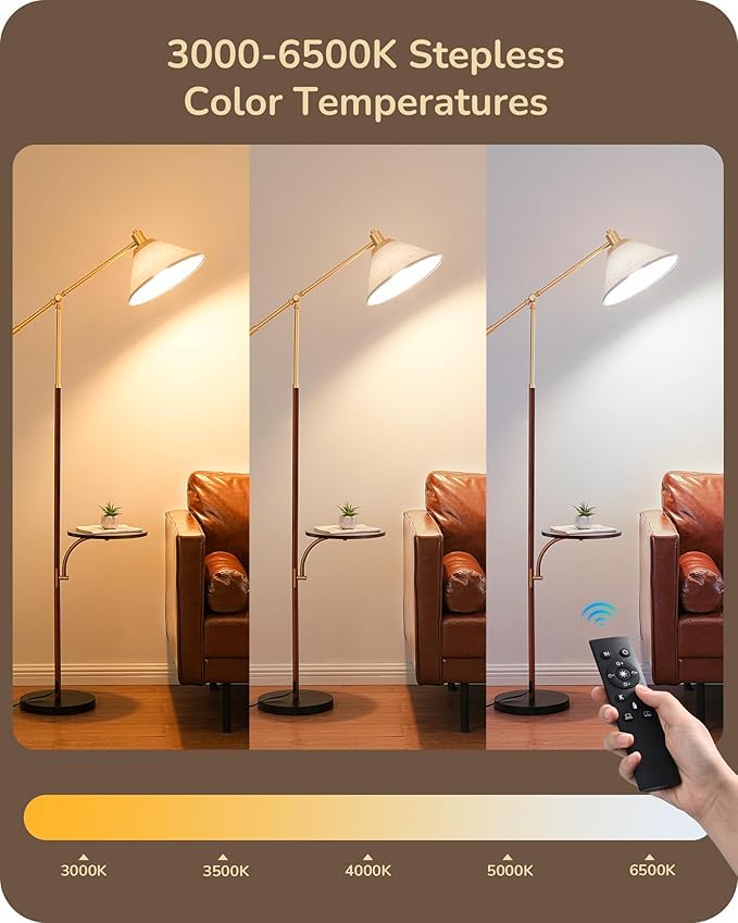 EDISHINE 68" Arc Floor Lamp with Table, Vintage Standing Lamp for Living Room with Tray, Tall Reading Lamp, Beige Shade, Adjustable Arm, Remote Dimmable Bulb Included, for Bedroom Office, Wood Grain