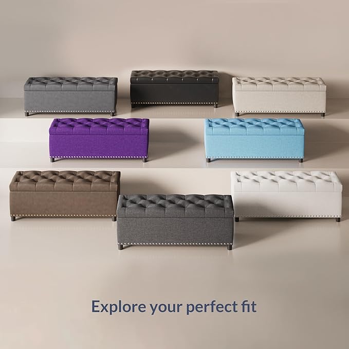 BELLEZE 47" Storage Ottoman, Storage Bench with Safety Close Hinge, Linen Button-Tufted Ottoman for Living Room, Entryway, Hallway, Foot Rest, Support 300lbs - White