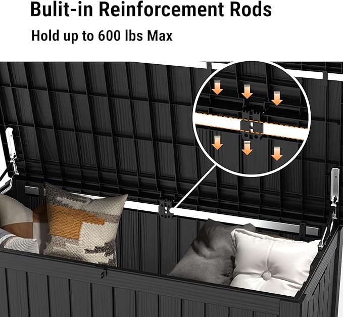 Mars Villa 119 Gallon Outdoor Storage Box, Large Resin Deck Box Waterproof, Storage Bin for Outside Patio Furniture Cushions, Pool Supplies, with Hydraulic Hinge, UV Resistant and Weatherproof, Black