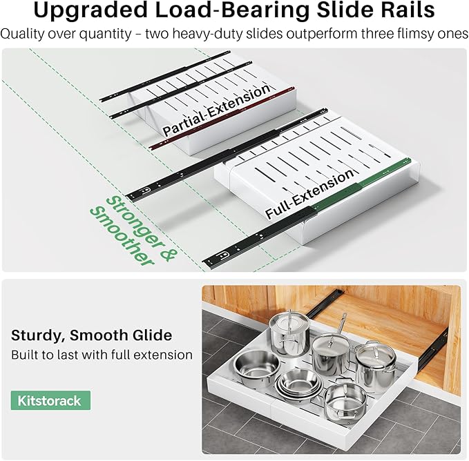 2 Packs Pull out Cabinet Organizer, Expandable(12"-20") Heavy Duty Slide out Drawers Fixed with Adhesive Nano Film for Pots, Roll out Shelf Storage for Kitchen Base Cabinet Organization