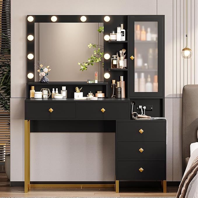 Tiptiper Large Makeup Vanity with Lights, Vanity Table with Charging Station Vanity Desk with Mirror and 10 LED Light Bulbs, Makeup Table with 5 Drawers, Nightstand and Storage Shelves, Black & Gold
