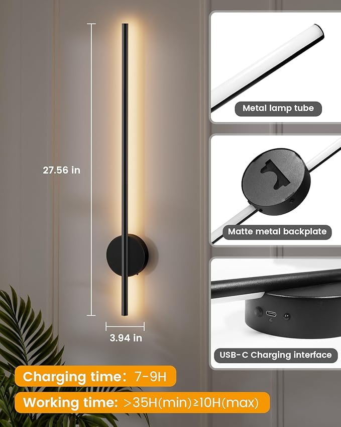 NIORSUN 27.6 Inch Battery Operated Wall Sconce Set of 2, Black Minimalism Rechargeable Wall Lights with Remote, 3CCT Dimmable Wireless Wall Lamp for Living Room Bedroom Hallway