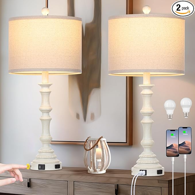 27.5" Farmhouse Table Lamps Set of 2 with USB C+A Ports & AC Outlet for Vintage Living Room Retro Bedroom,3-Way Dimmable Touch Lamp Resin Bedside Lamps for Nightstand Side End Table,White-1