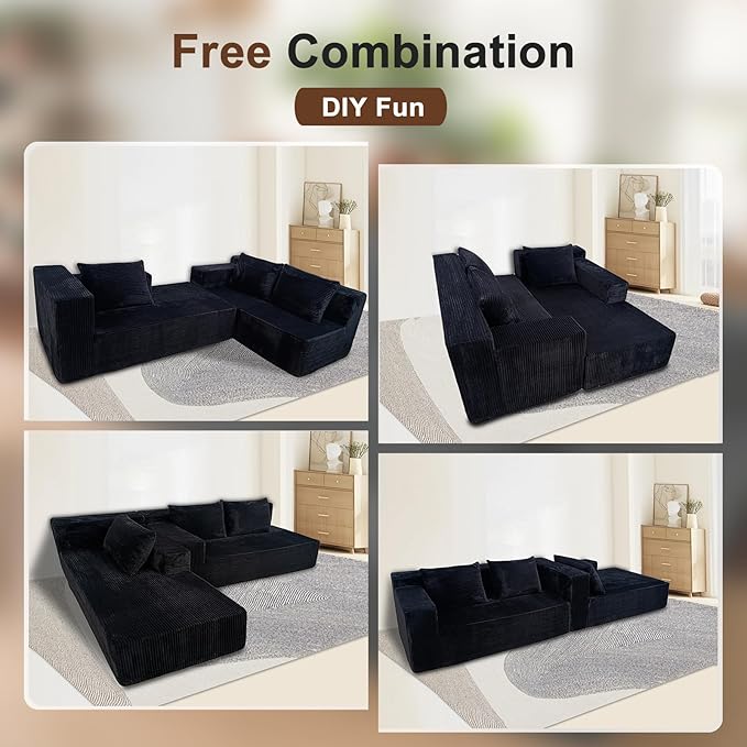 Cloud Sectional Sofa, Boneless Couch for Living Room, No Assembly Required, Deep Seat, Modern Minimalist Modular Couch, Free Combination, 103" L-Shape with Chaise, Plush Corduroy, Right