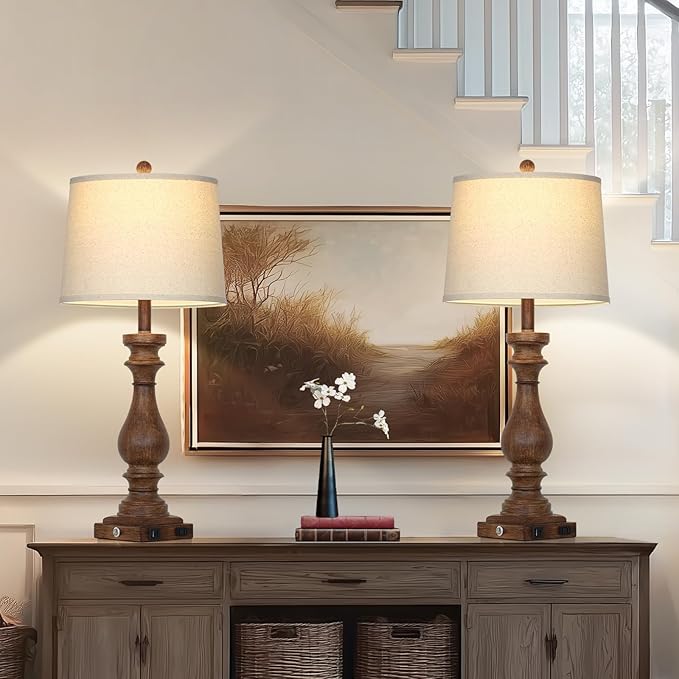 29" Tall Farmhouse Table Lamp for Living Room Set of 2,Vintage Retro Nightstand Lamps with USB C+A Ports & AC Outlet,3-Way Dimmable Touch Bedside Lamp for Bedroom Side Table,Brown