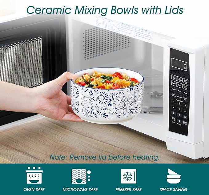 vancasso Ceramic Mixing Bowls with Lids Set of 4,Ceramic Serving Bowls,Nesting Bowls for Food Storage,Prep Bowl,Mixing Bowl for Kitchen,Microwave & Dishwasher Safe,Series SELENE,60+36+20+10 Oz