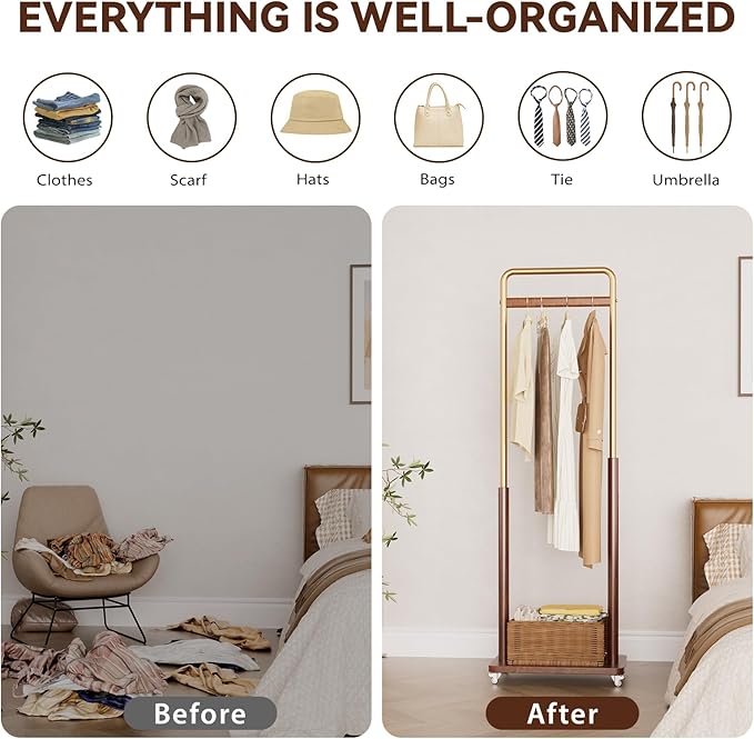 Clothes Rack Solid Wood Coat Rack, Metal and Solid Wood Combination Clothing Rack with Wheels for Entryway, Bedroom, Living Room, Coat Racks Freestanding for Hanging Clothes Garment Scarf