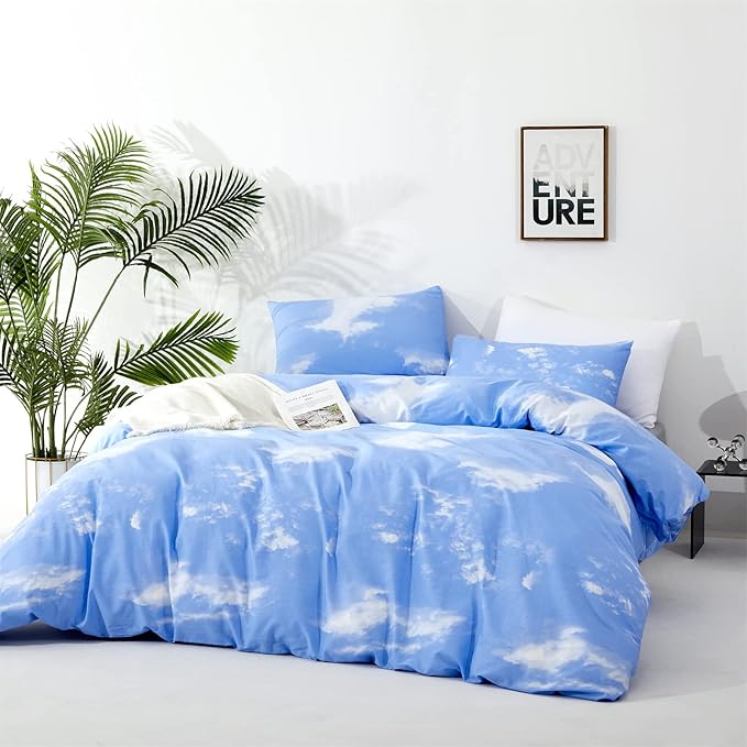 CLOTHKNOW Blue Sky California King Comforter Set White Cloud Bedding Comforter Sets Women Men Comforter Blue Comforter with 2 x Pillow Cases