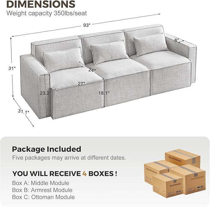 ELUCHANG 93" Modular Sectional Sofa Couch, 3 Seater Large Sectional Couches for Living Room, Modern Linen Fabric Oversized Couch, Comfy Deep Seat Home Sofas Set, Light Grey