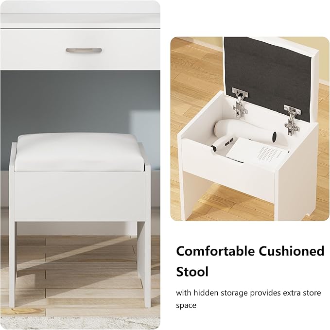 Fameill White Vanity Desk with Mirror and Lights,Makeup Vanity with 2 Drawers Lots Storage,Makeup Table with Lighted Mirror,3 Lighting Colors, Brightness Adjustable,35in(L)