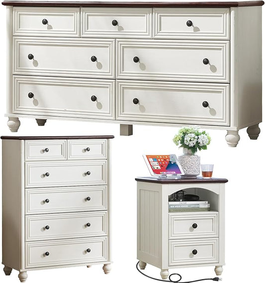 Farmhouse Dressers & Night Stand Set of 3, Wood 54" Wide Dresser & 43.5"Tall Chest of Drawers, 18" with Charging Station Nightstand, Bedroom Furniture 7 Drawer Dresser Set for Home Living Room Hallway