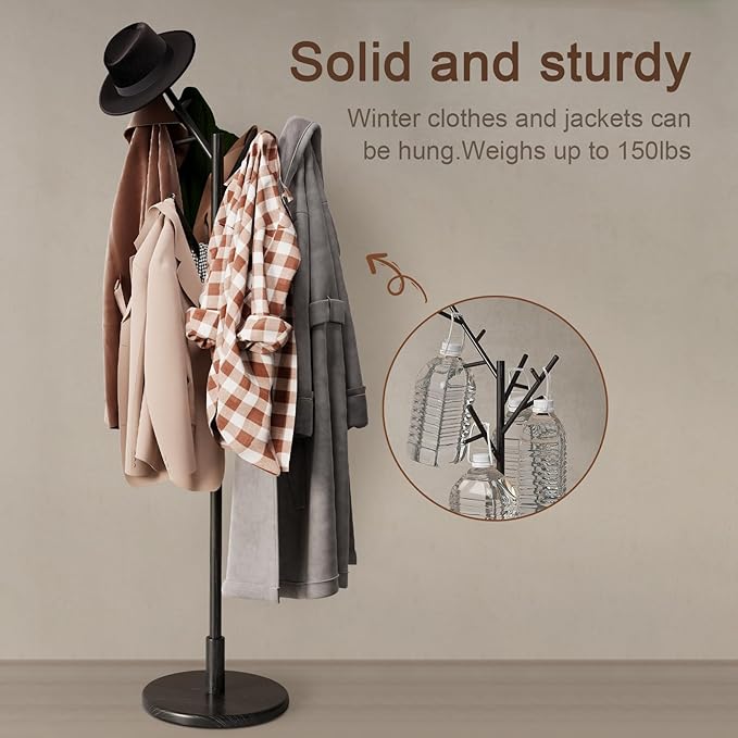 Coat Rack, Solid Wood Coat Rack Freestanding with 12 Hooks, Coat tree freestanding 3 Adjustable Heights for coat, Hats, Handbags， Coat Stand for Entryway, Bedroom (Black)