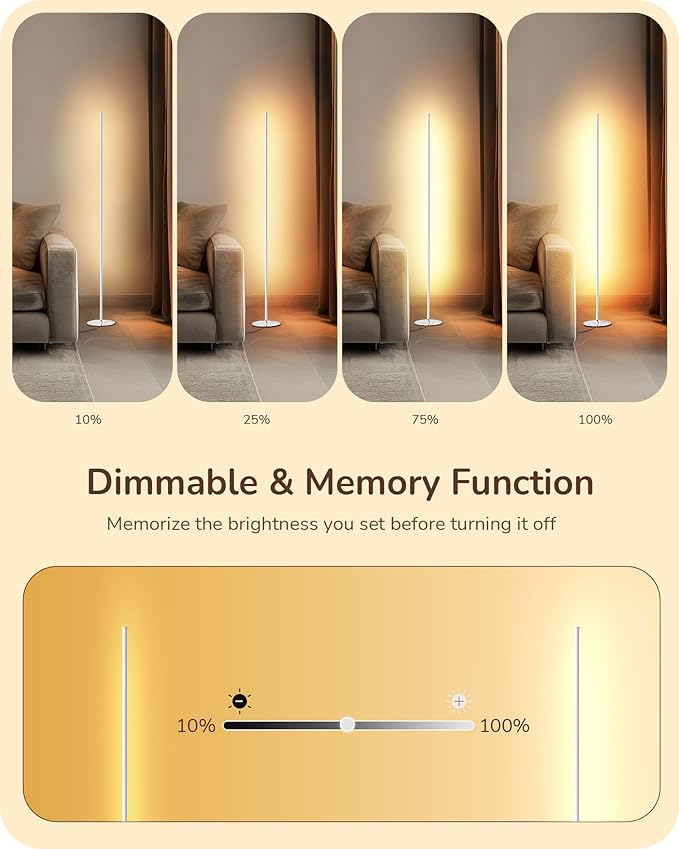 EDISHINE LED Corner Floor Lamp with Remote, 57.5" Minimalist Dimmable Mood Light, Standing Tall Floor Lamps for Living Room, Bedroom, Home Office, 3000K Warm White Light (White)