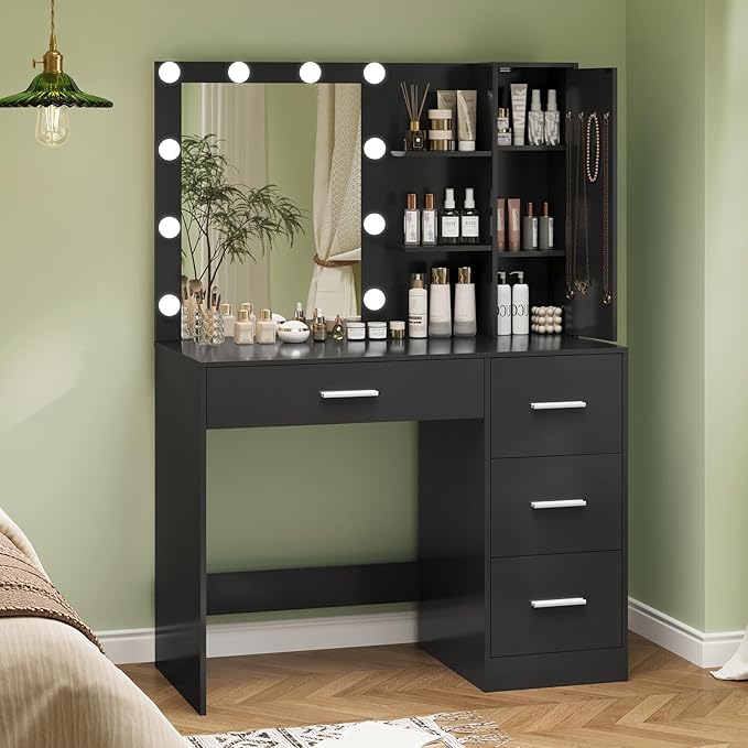 usikey sikey Makeup Vanity with Lights, Vanity Desk with Mirror and 10 LED Lights, Vanity Table Set with 4 Drawers, Cabinet & 4 Necklace Hooks, Dressing Table for Bedroom,Black