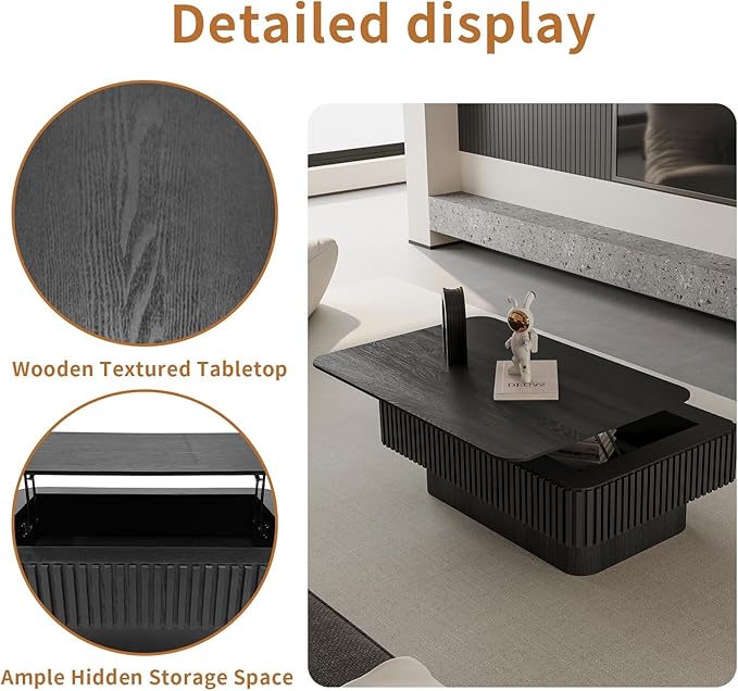 Lift Top Coffee Table for Living Room, Accent Fluted Coffee Table with Storage, Modern Solid Wood Veneered Rectangle Center Tea Table for Small Space Apartment (38.6''L×14''H-Black)