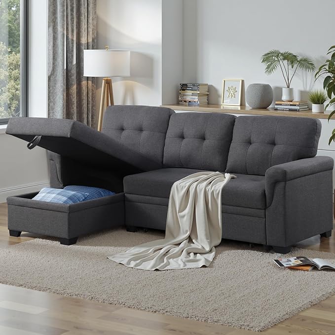 83 Inch L Shaped Modular Convertible Sleeper Sectional Sofa Bed with Storage Chaise and Pull-Out Bed, Linen Upholstered Reversible Corner Couch for Living Room, Home Furniture, Dark Gray