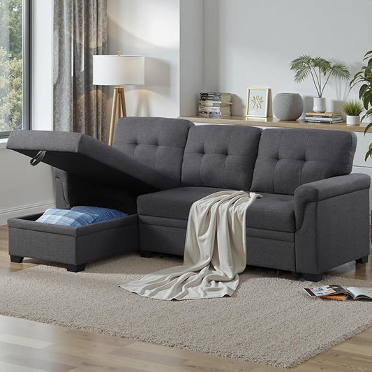 83 Inch L Shaped Modular Convertible Sleeper Sectional Sofa Bed with Storage Chaise and Pull-Out Bed, Linen Upholstered Reversible Corner Couch for Living Room, Home Furniture, Dark Gray