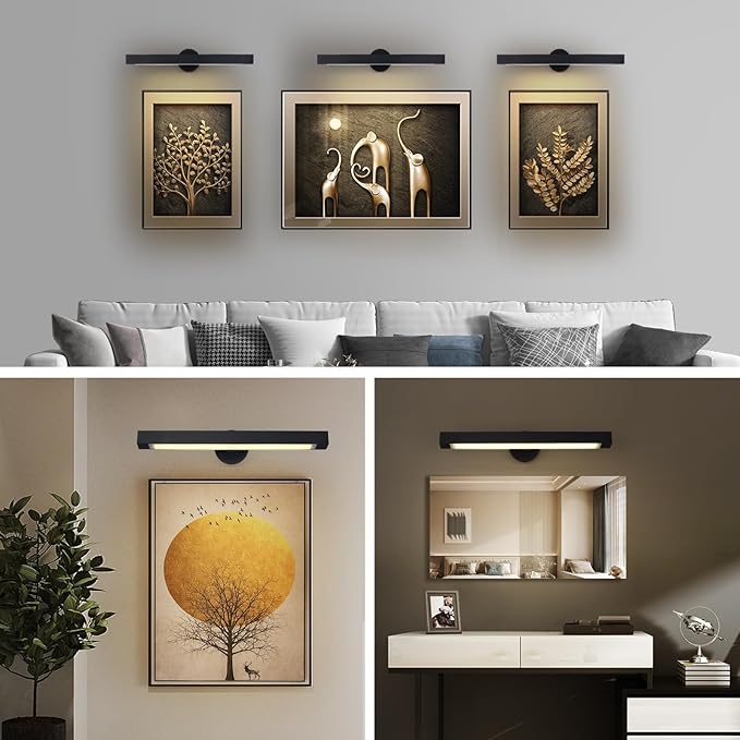 Black Picture Light, 24inch Hardwired Picture Lights for Wall,270°Rotatable LED Linear Picture Art Lights,Dimmable Picture Frame Light Bathroom Lighting Sconces for Living Room, Hallway,Kitchen