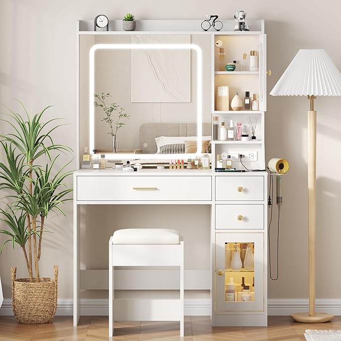 Vabches Makeup Vanity Desk with LED Mirror and Lights,Vanity Table Set with Charging Station,Dressing Table with RGB Cabinets,Bedroom Vanity for Women,Girls