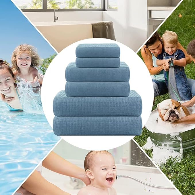 CASA COPENHAGEN Waffle Terry Towel 6Pcs Set, Cotton Extra Large Luxurious- Dusty Blue, 2Bath Sheets XL- 35 x 70 Inch, 2Large Hand Towels- 20 x 31Inch, 2Large Washcloths- 16 x 16 Inch