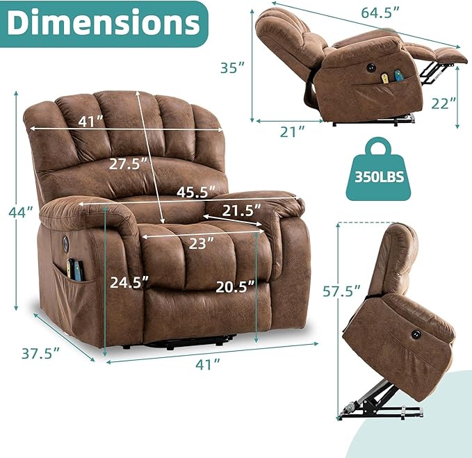 MEETWARM Tall Man Large Power Lift Electric Recliner Chair with Extended Footrest for Elderly, Overstuffed Wide Recliner with Heat & Massage, 2 Remote Controls, Side Pockets, USB Ports(Brown)