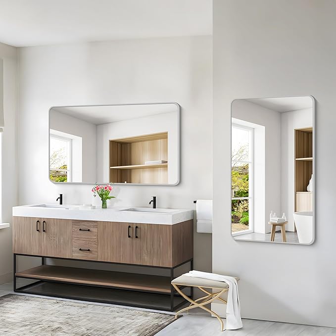 48x30 Inch Silver Bathroom Mirror, Metal Framed Silver Rectangle Mirrors, Rounded Rectangular Vanity Mirror, Wall Mounted Mirrors for Living Room Bedroom Entryway Hangs Horizontal or Vertical