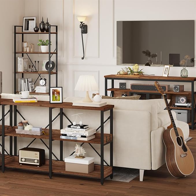 BON AUGURE Rustic Console Table with Shelves, 3 Tier Sofa Table Behind Couch for Living Room, Wood Metal Entryway Tables for Hallway, Foyer, Entrance (47 Inch, Rustic Oak)