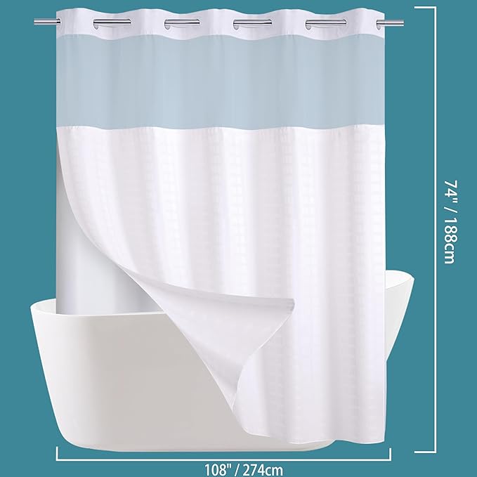 Conbo Mio Extra Wide No Hook Shower Curtain with Snap in Liner Set, 108" x 74" Hotel Luxury White Shower Curtains for Bathroom with See Through Top Window, Waterproof, Washable 108W x 74H