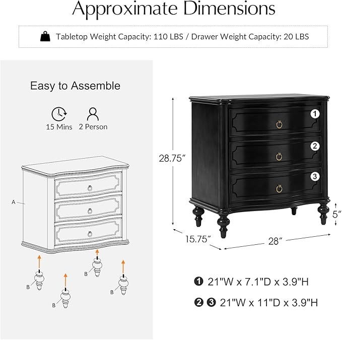 HULALA HOME Traditional Side Table with 3 Drawers, Tall Side Table with Curved Front Profle Desgin, Charging Station, Solid Wood Legs, Black