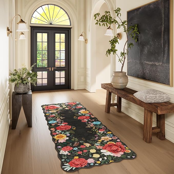 Kitchen Runner 2'x 6' Washable Floral Runner Rugs Kitchen Rug Boho Vintage Low Pile Carpet for Hallway, Entryway, Laundry Room, Bathroom High Traffic Areas Indoor Decor (Black