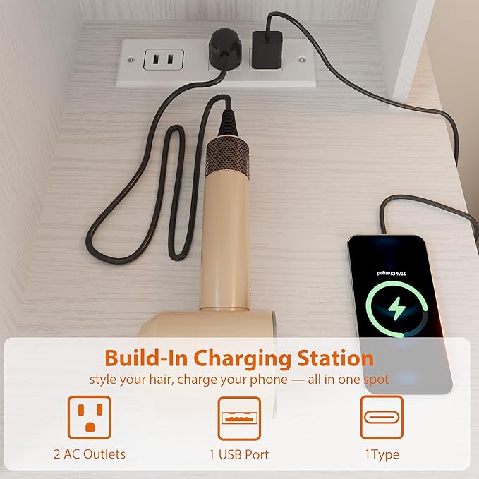 Senfot White Vanity Desk with Sliding Mirror and Lights, Modern Makeup Vanity Table with 4 Drawers and 7 Storage Shelves, Dressing Table with Stool and Charging Station, 3 Lighting Modes, for Bedroom