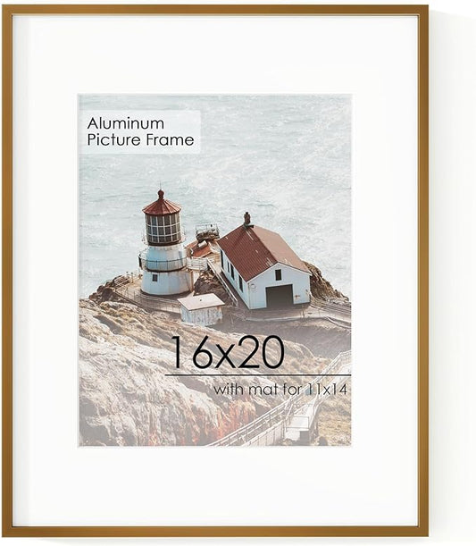 16x20 Metal Picture Frame For Wall With Mat For 11x14, 16''x20'' Aluminum Photo Frames With Tempered Glass For Home Decor, Minimalist Modern Poster Frame Horizontal And Vertical Formats, Bronze