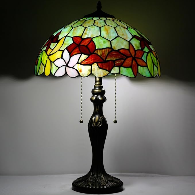 Tiffany Table Lamp Stained Glass Lamp 16X16X24 Inch Antique Reading Light (Green Red Flowers)