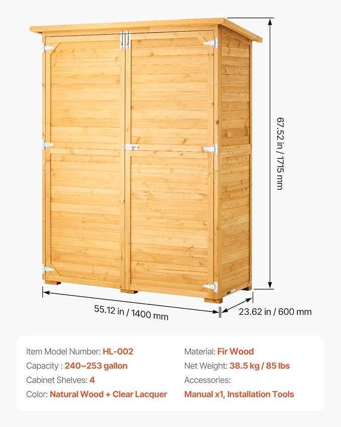 VEVOR Outdoor Storage Shed, Large Wooden Outside Storage Cabinet with Waterproof Roof and Metal Frame, Double Lockable Doors Garden Tool Shed Storage House Cabinet with Shelves, 55.1"x23.6"x67.5"