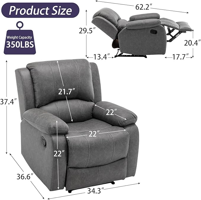 Manual Recliner Chair for Adults, Reclining Chairs, Breathable Leather Single Sofa with Adjustable Backrest, Modern Push Back Wingback Lounge Armchair for Living Room (Dimgray)