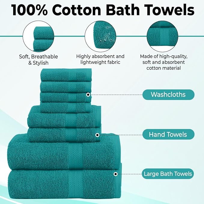 Pack of 8 Towels Set, 2 Large Bath Towels, 2 Hand Towels, 4 Wash Cloths, 100% Cotton, Lighter Weight, Quicker to Dry, Super Absorbent, Perfect for Bathroom (Teal)