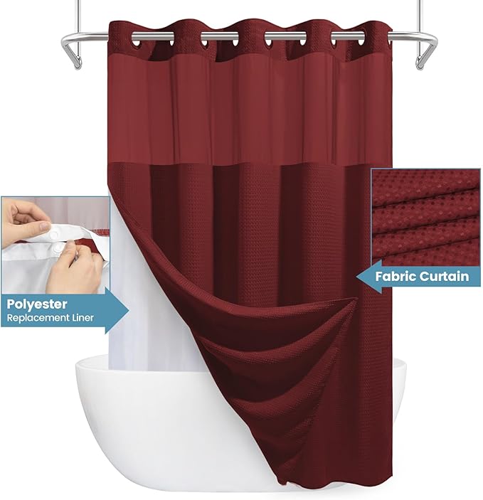 Burgundy No Hook Shower Curtain with Snap in Liner,230GSM Waffle Weave Shower Curtains for Bathroom,71W x 74H