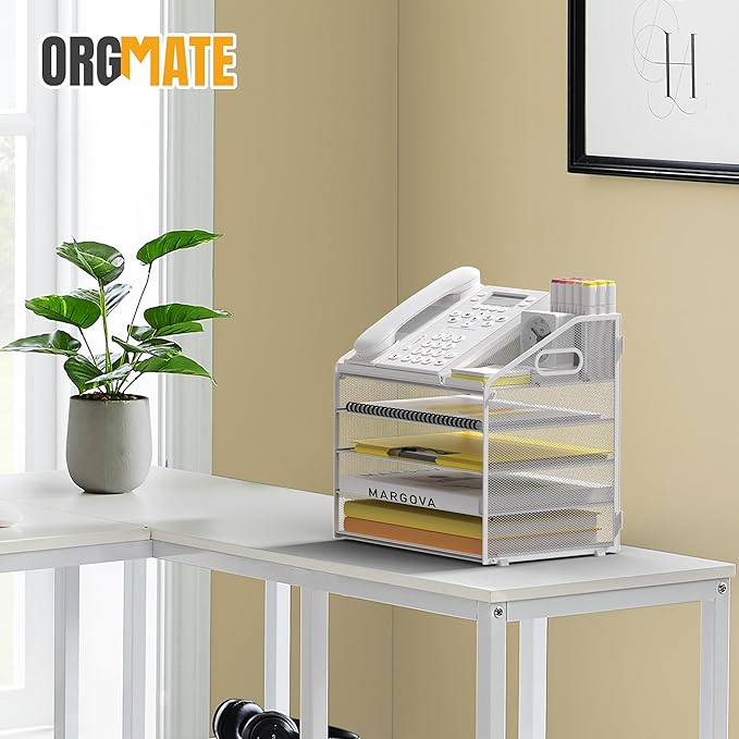 Letter Tray Paper, 5 Tier Desk Organizer with Pen Holder and Handle, Mesh File Organizer Paper Sorter Metal Desktop Document Shelf for Office Home Classroom - White
