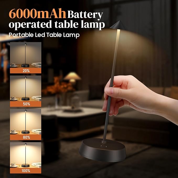 Cordless Table Lamp Rechargeable, Battery Operated 6000mAh Desk Lamp Touch Dimmable Lamp Outdoor Waterproof Portable Wireless Table Light, Small Table Lamp for Restaurant Bar/Outdoor (Black-2PC)