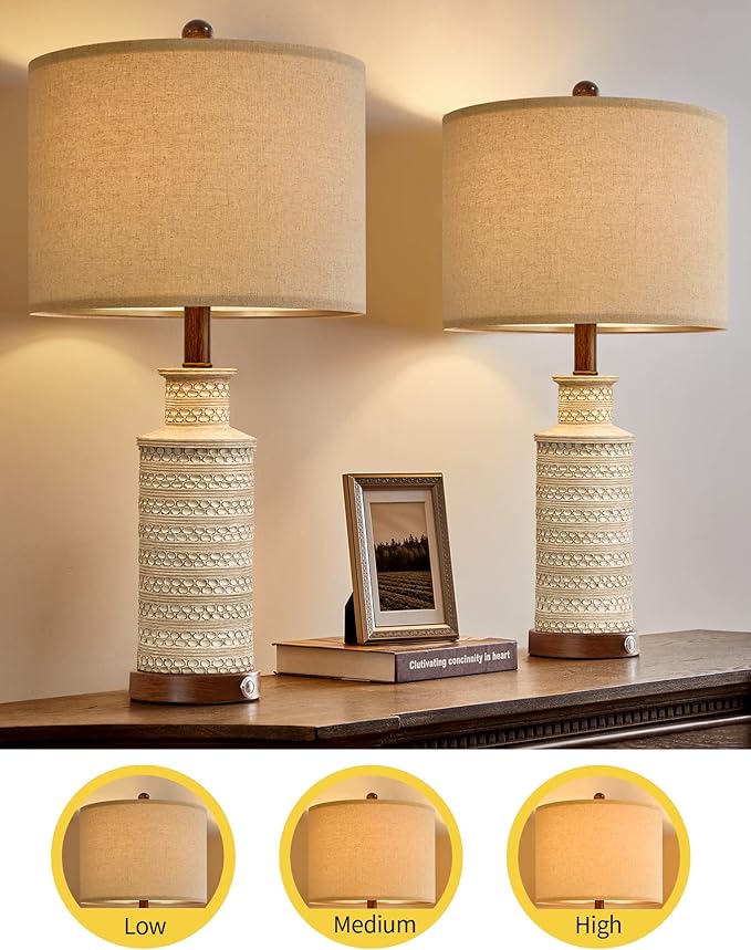 BOBOMOMO 24.5'' 3-Way Dimmable Touch Control Table Lamp Set of 2 with Dual USB Charging Ports for Bedroom Living Room Vintage Rustic Farmhouse Traditional Nightstand Bedside Lamps(Bulbs Included)
