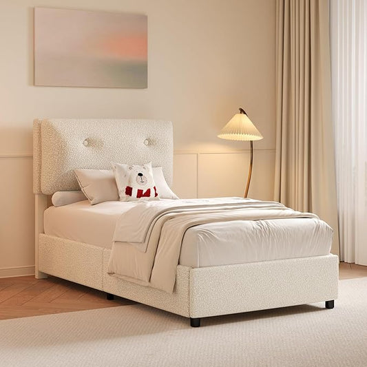 Twin Bed Frames,Breathable Boucle Fabric Upholstered Bed Frame Twin with Headboard,Removable and Washable,Wood Slat Support,No Box Spring Needed,Easy Assembly,Cama Individual,Beige