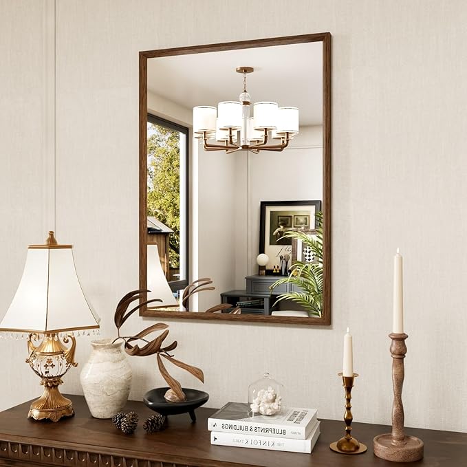Bathroom Vanity Mirror 24x36 Inch, Walnut Rectangle Bathroom Mirror, Anti-Rust, 4MM Tempered Glass, Wall-Mounted Mirror, Hangs Horizontally or Vertically for Bathroom & Bedroom