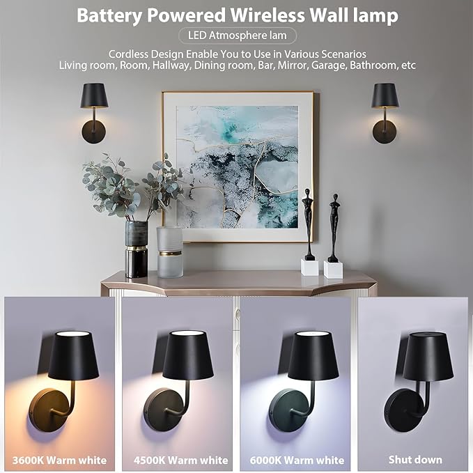 LED Wireless Wall Lamp Set of 2, with 5600mAh Rechargeable Battery Powered Wall Sconces, Touch for Remote Control Infinite Dimming Be Used for Bedroom Mirror Living Room Wall Painting (Black)
