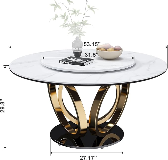 53" Round Modern Marble Dining Table with Lazy Susan, Sintered Stone Top for Kitchen, Dining Room, Dinette, Space Saving Design