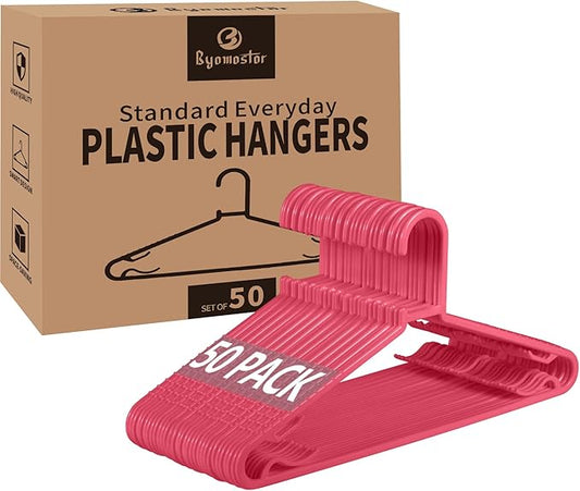 Plastic Hangers 50 Pack, Light Weight Durable Clothes Hangers with Hooks Standard Size G-Shape&Non-Slip Coat Hangers for Everyday Use (Pink)