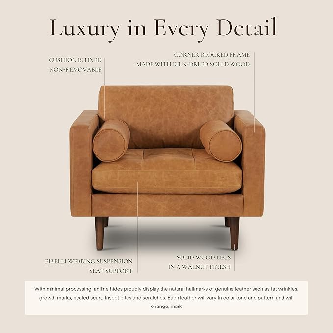 Poly & Bark Napa Lounge Chair - Leather Chair with Tufted Back - Full-Grain Living Room Armchair with Feather-Down Topper - Single Couch - Vintage Italian Leather in Cognac Tan