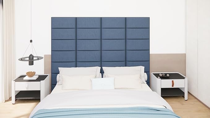 Peel and Stick Upholstered Headboard, 3D Soundproof Padded Wall Panels for Queen Size, Soft Tufted Bed Headboard, Reusable and Removable Bed in Blue (9 Panels, 10" x 24")